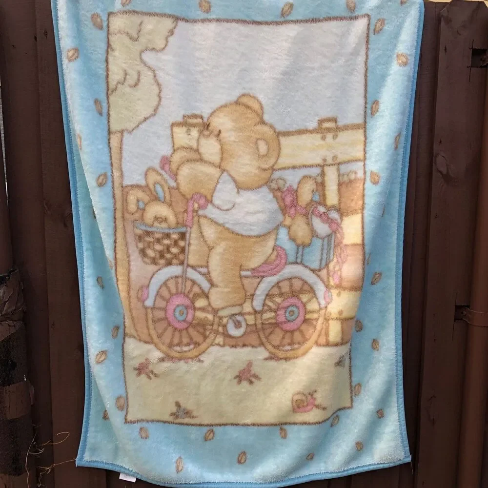 Vintage koyo baby boy blanket teddy bear riding on blanket